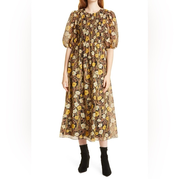 Rebecca Taylor Women’s Large Daphne Fleur Cotton Silk Blend Midi Dress Fall - Picture 1 of 8